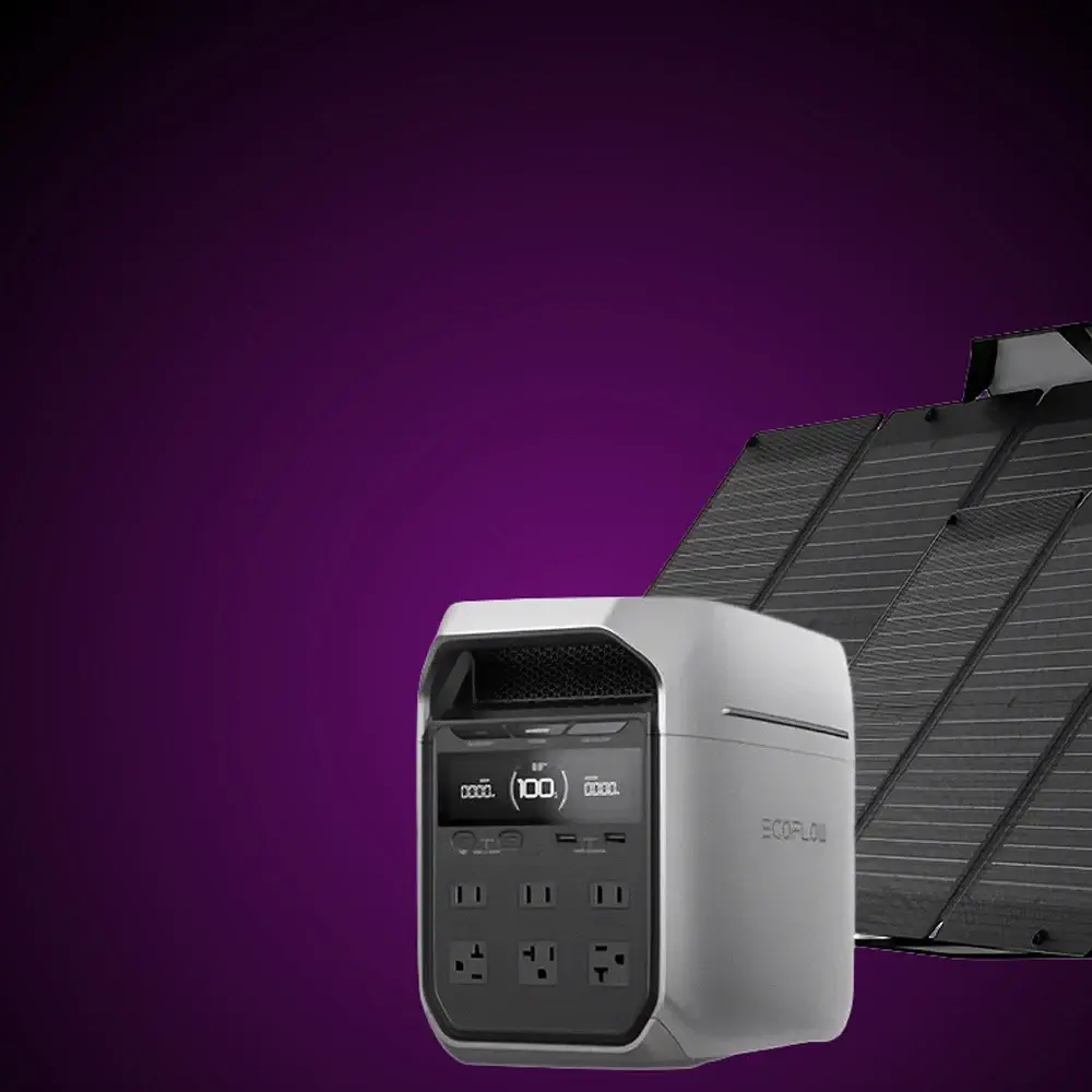 EcoFlow Delta 3 Plus power station with two portable solar panels