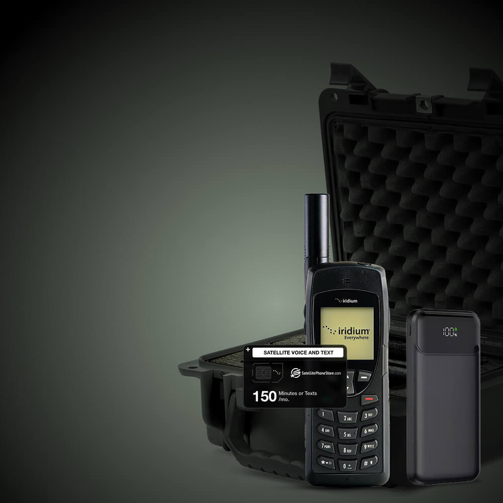 Iridium 9555 satellite phone with case and 150 minutes or texts plan.