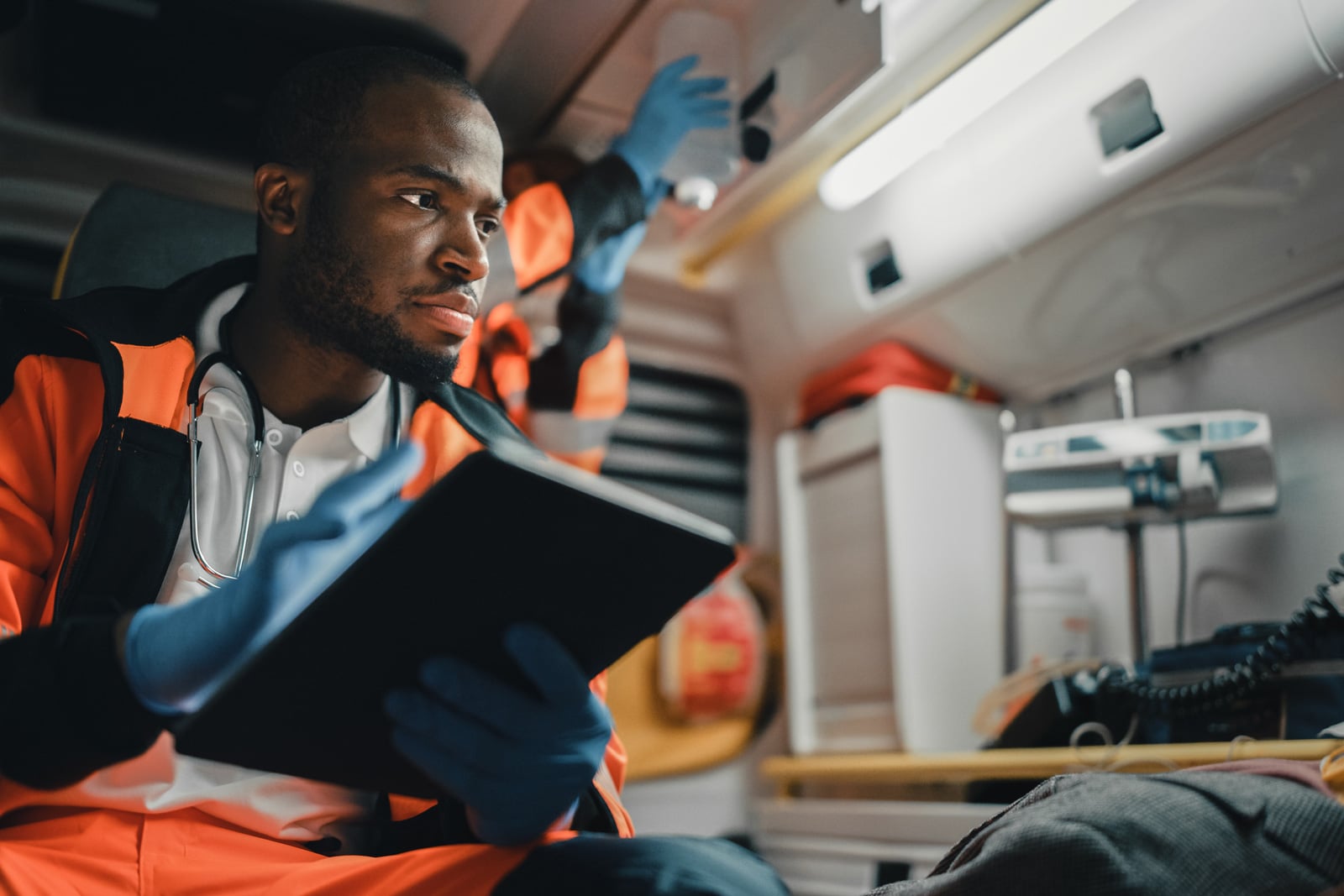 Emergency response worker in an ambulance