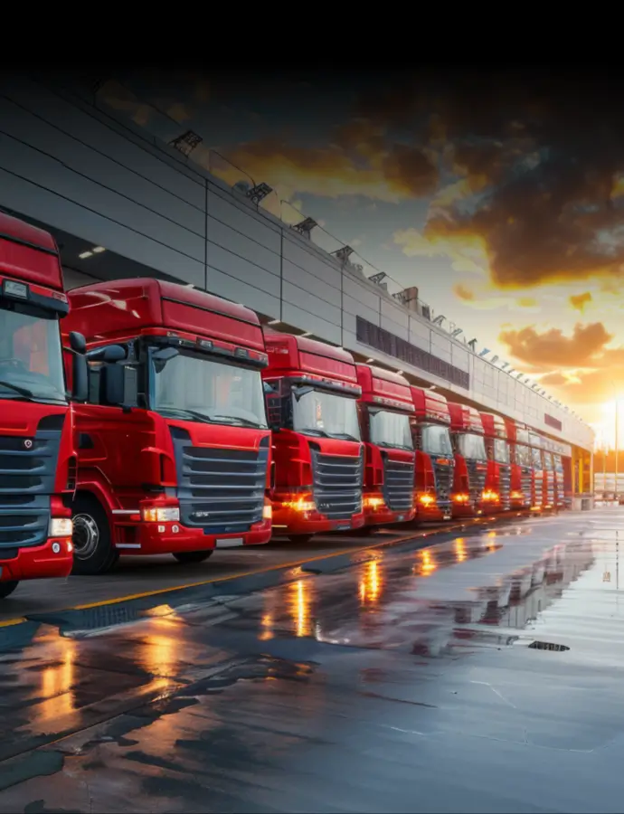 Fleet of red trucks parked at a terminal, symbolizing satellite communication for logistics