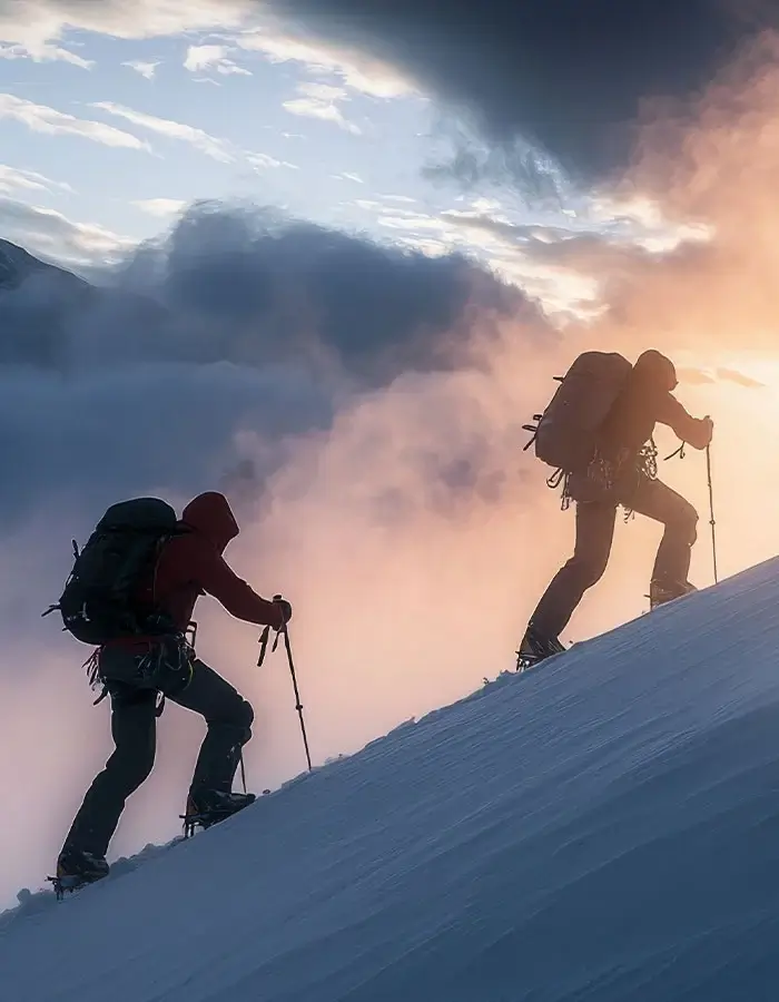Mountaineers climbing a snowy slope at sunrise with satellite communication support