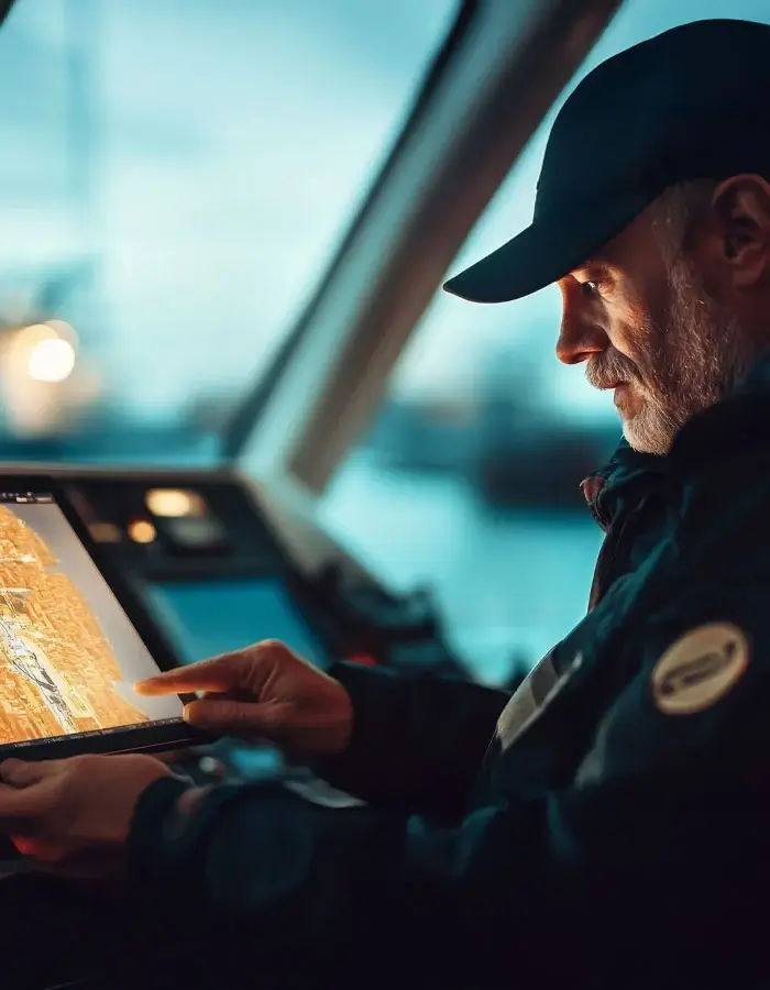 Ship captain using a tablet on the bridge with satellite navigation and communication